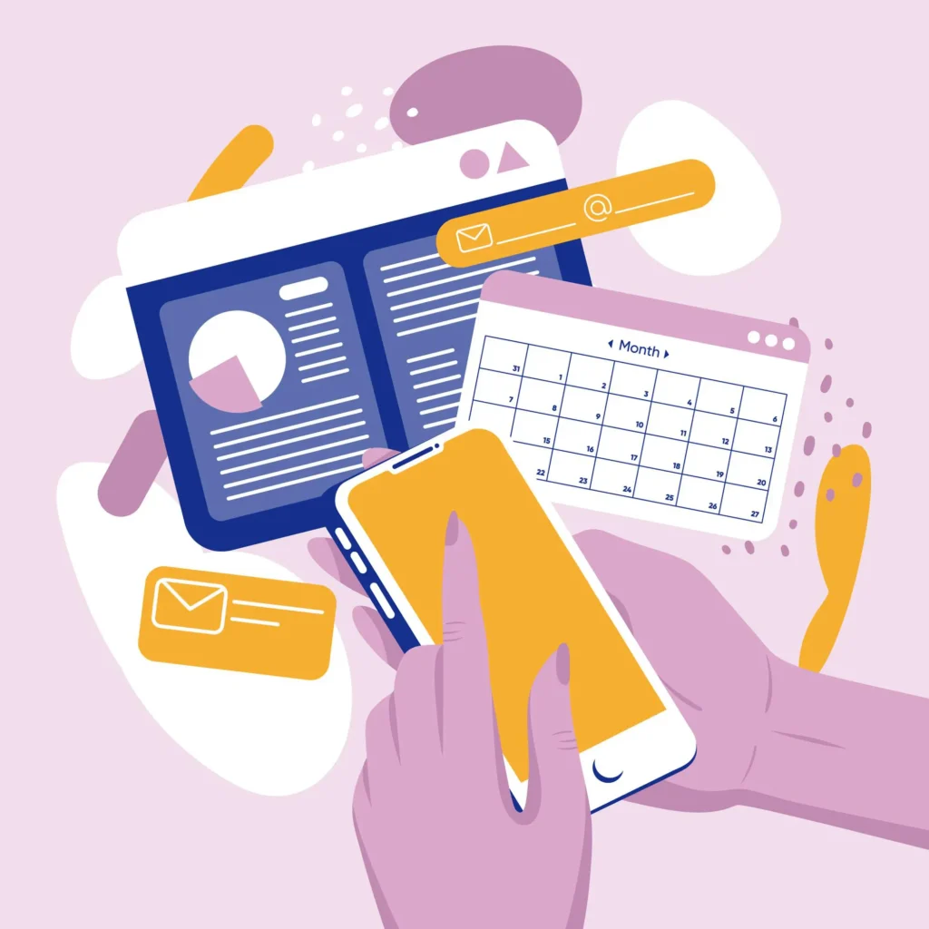 Illustration d'un formulaire numérique avec un calendrier et des icônes de messagerie en rose et orange