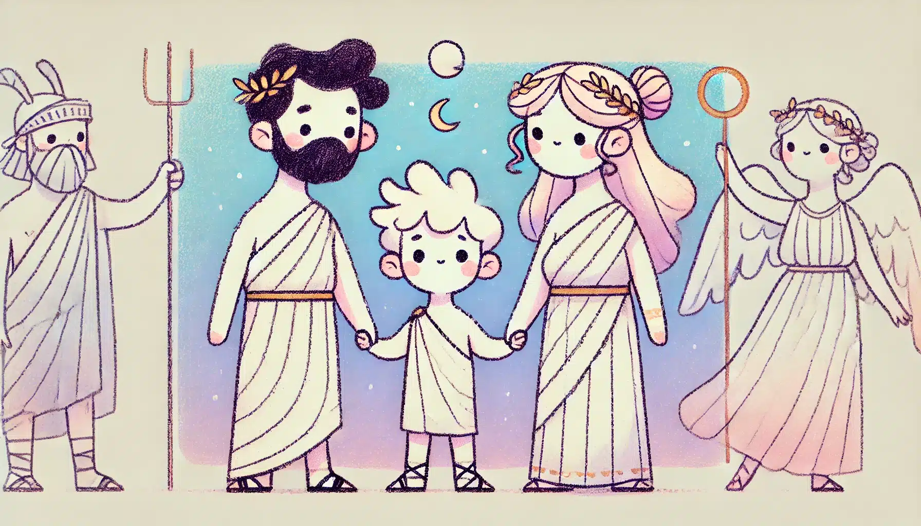 DALL·E 2025-01-20 11.30.49 - A super simplified, child-friendly cartoon-style illustration of two Greek gods, designed in a minimalistic and hand-drawn pencil sketch style with so Des parents accompagnant leur enfant dans la vie